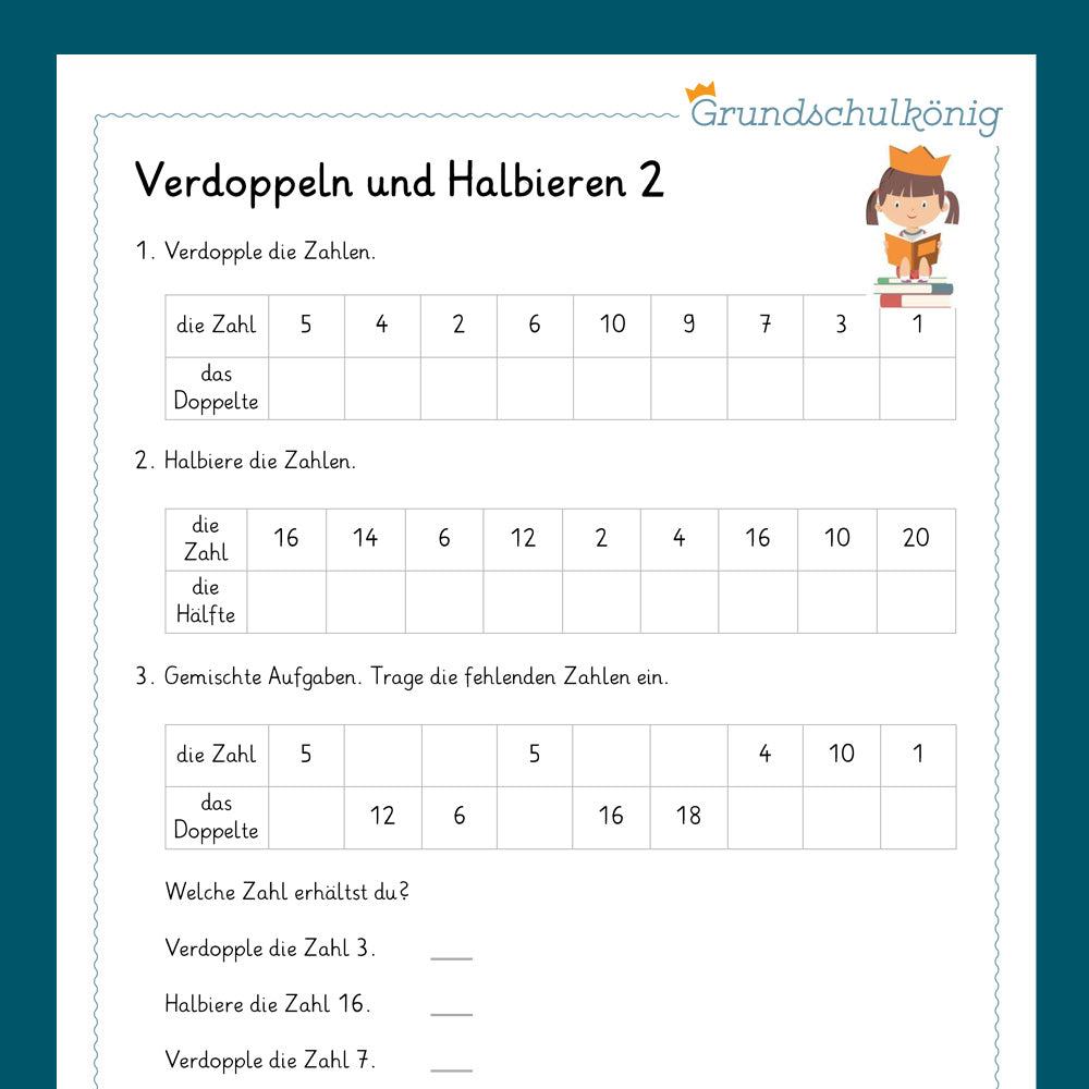 Königspaket: Verdoppeln und Halbieren (Mathe, 1. Klasse) - inklusive Test