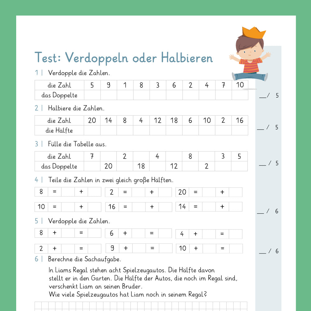 Königspaket: Verdoppeln und Halbieren (Mathe, 1. Klasse) - inklusive Test