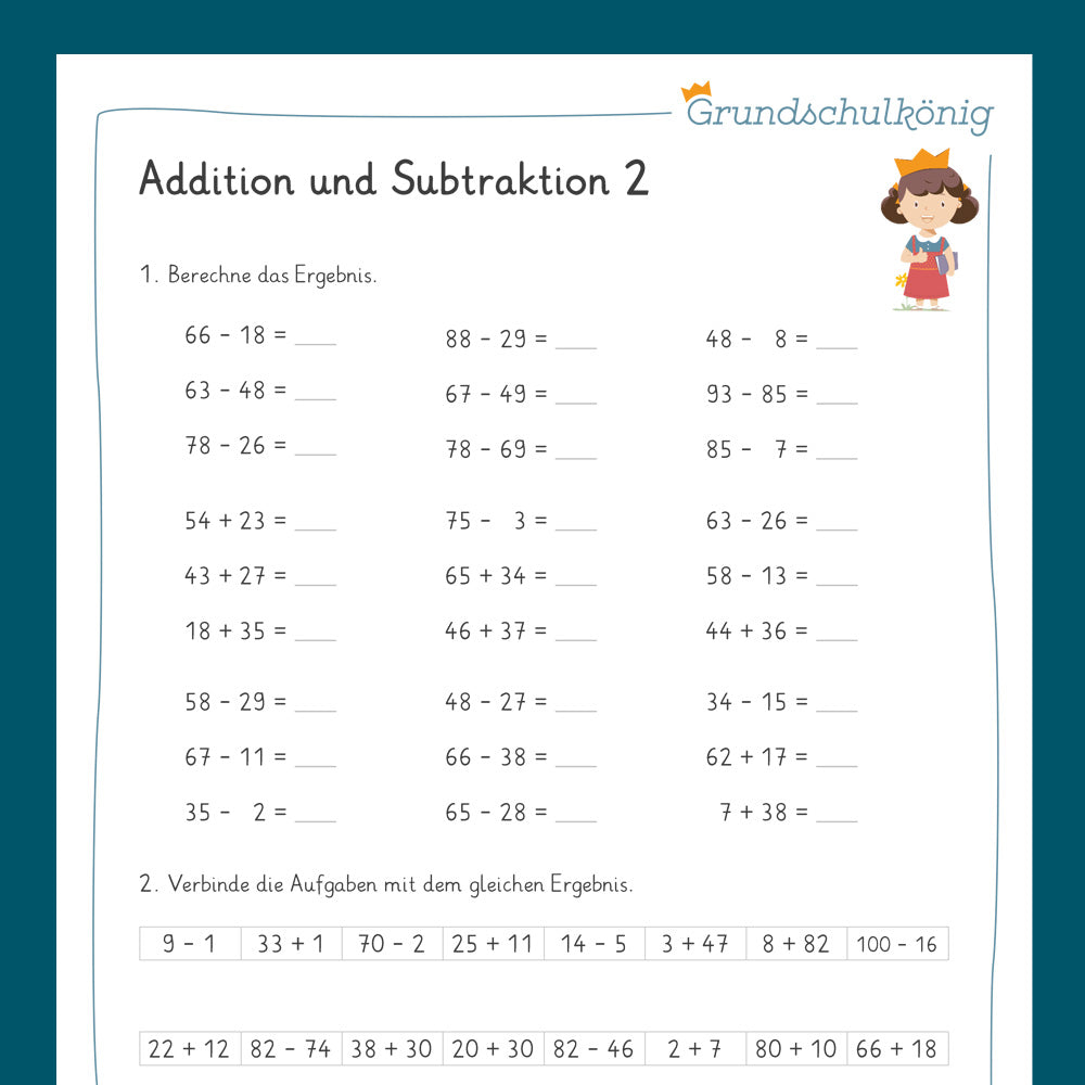 Königspaket: Addition & Subtraktion im Zahlenraum 100 (Mathe, 2. Klasse) - inklusive Test