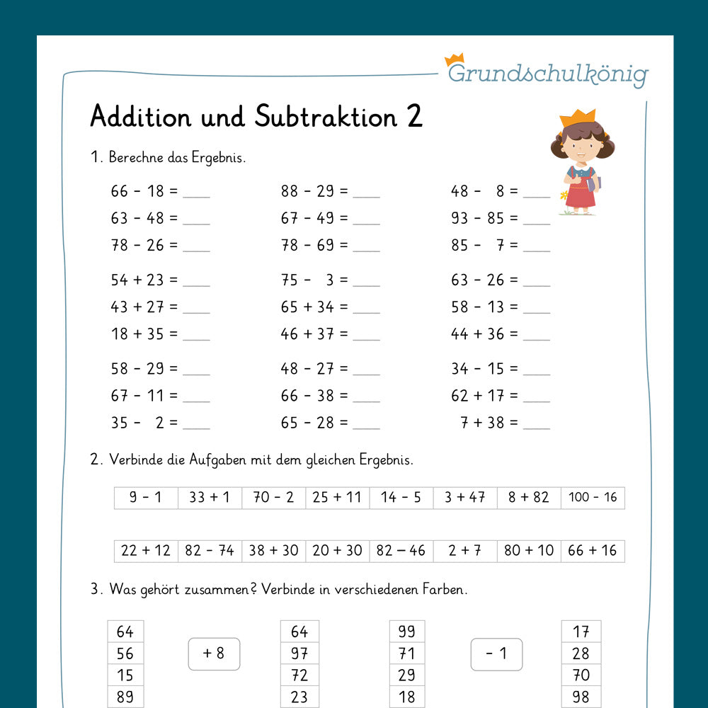 Königspaket: Addition & Subtraktion im Zahlenraum 100 (Mathe, 2. Klasse) - inklusive Test