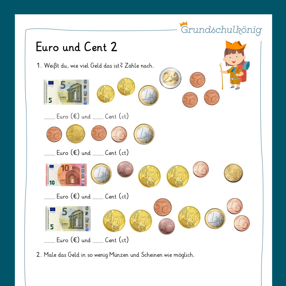 Königspaket: Euro und Cent (Mathe, 2. Klasse) - inklusive Test