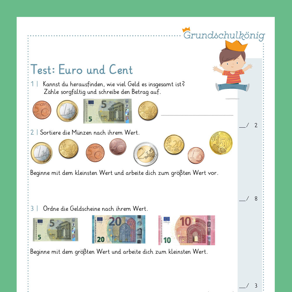 Königspaket: Euro und Cent (Mathe, 2. Klasse) - inklusive Test