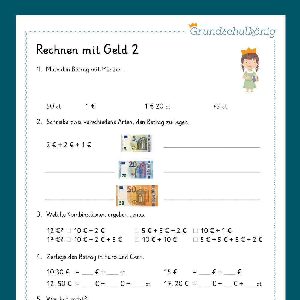 Königspaket: Rechnen mit Geld (Mathe, 2. Klasse) - inklusive Test