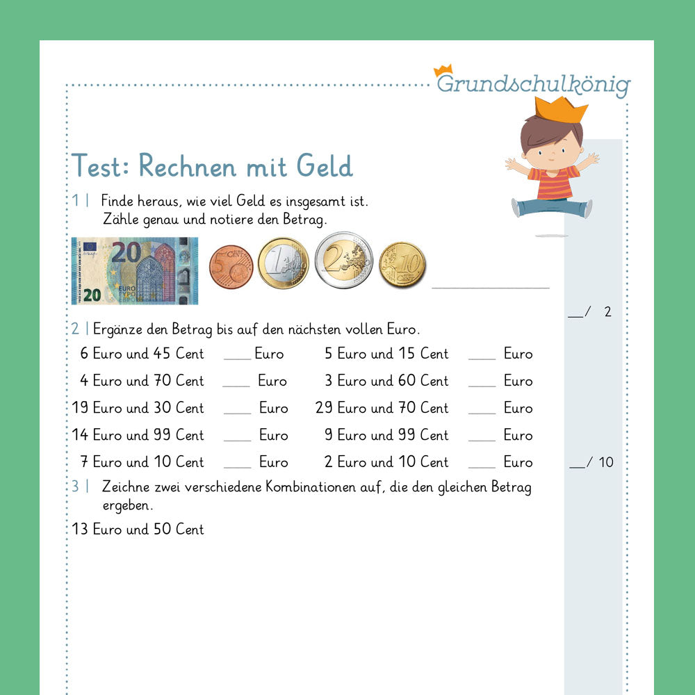 Königspaket: Rechnen mit Geld (Mathe, 2. Klasse) - inklusive Test