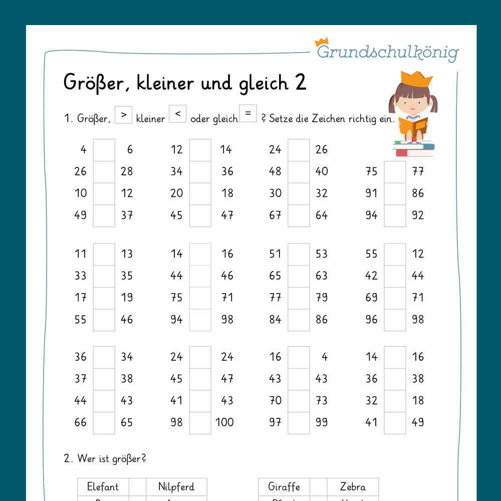 Königspaket: Größer, kleiner oder gleich? (Mathe, 2. Klasse) - inklusive Test