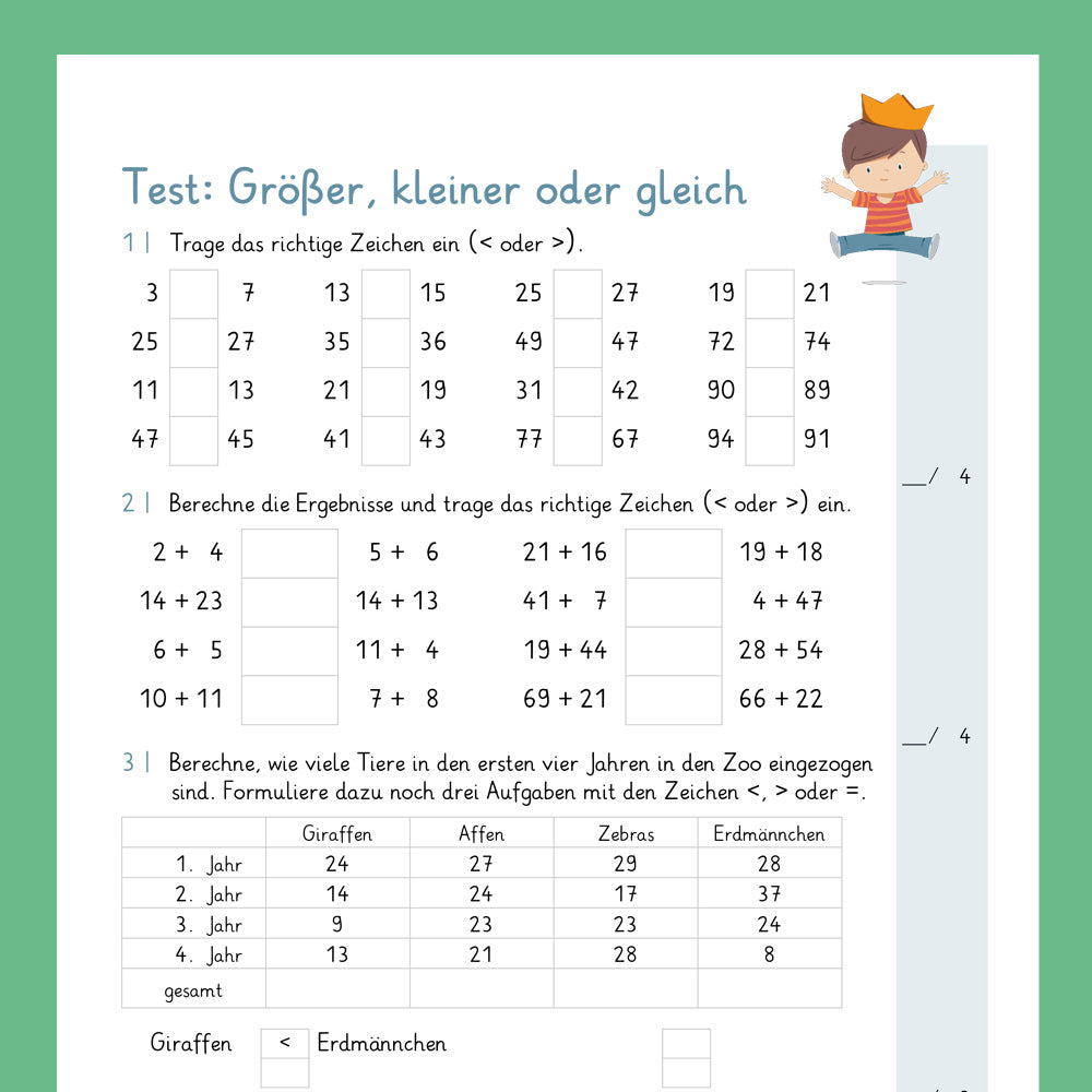 Königspaket: Größer, kleiner oder gleich? (Mathe, 2. Klasse) - inklusive Test