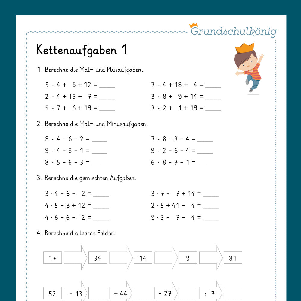 Königspaket: Kettenaufgaben im Zahlenraum 100 (Mathe, 2. Klasse) - inklusive Test