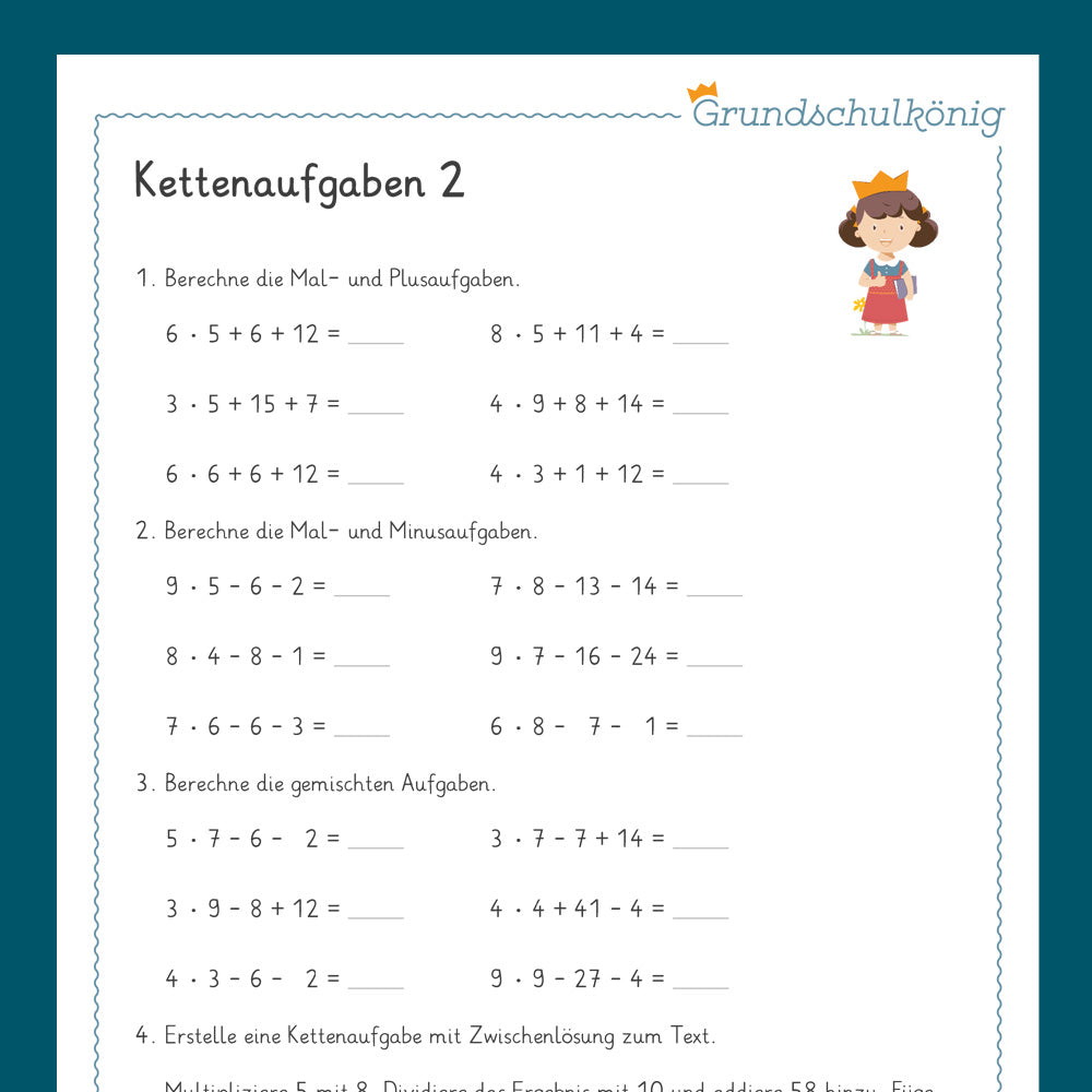 Königspaket: Kettenaufgaben im Zahlenraum 100 (Mathe, 2. Klasse) - inklusive Test