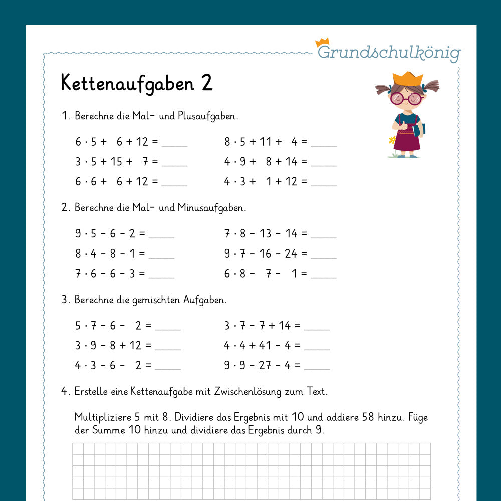 Königspaket: Kettenaufgaben im Zahlenraum 100 (Mathe, 2. Klasse) - inklusive Test