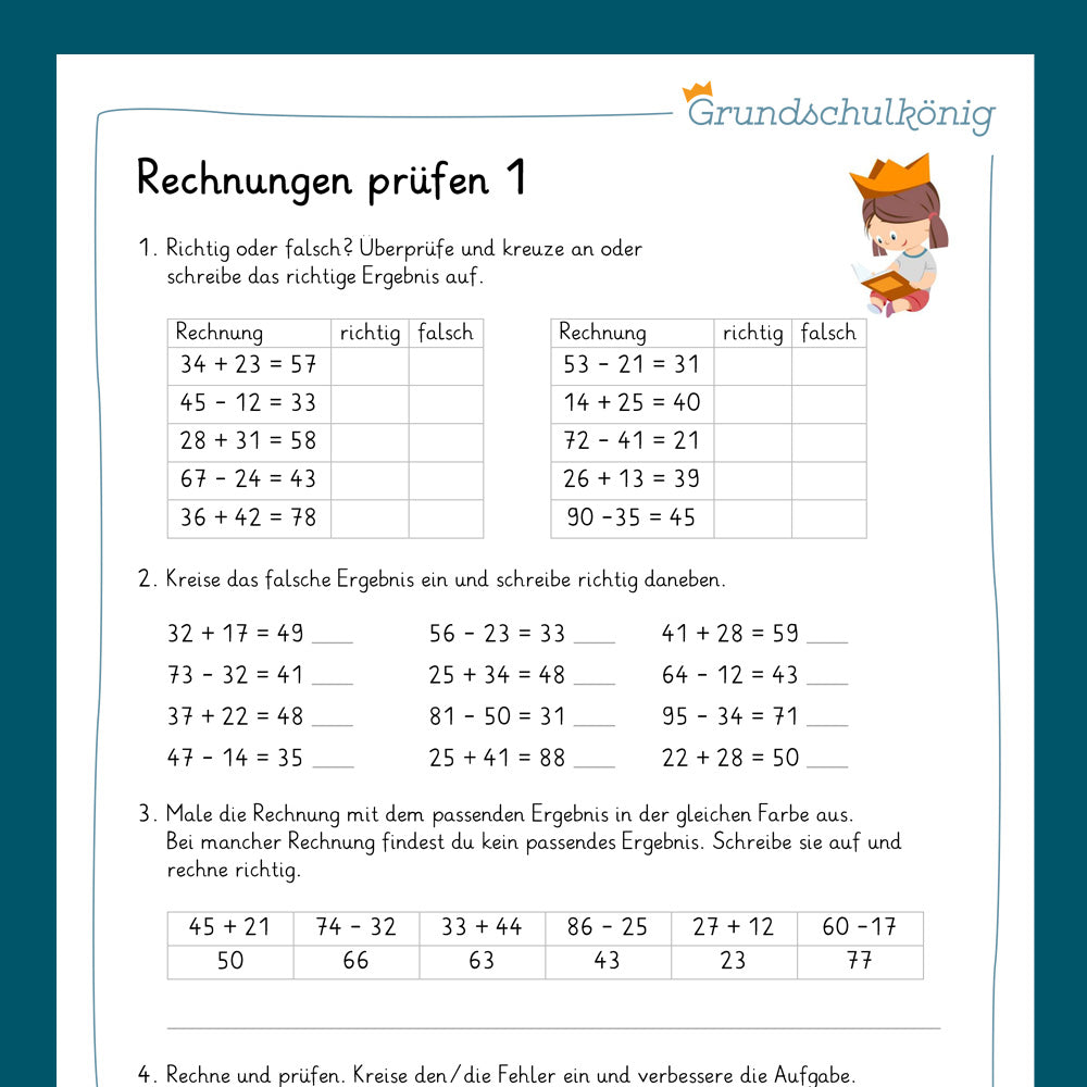Königspaket: Rechnungen prüfen (Mathe, 2. Klasse) - inklusive Test