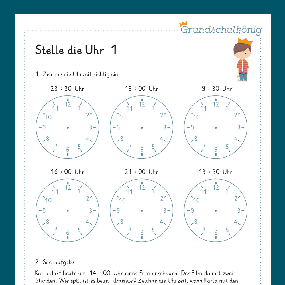 Königspaket: Zeitangaben - Stelle die Uhr (Mathe, 2. Klasse) - inklusive Test