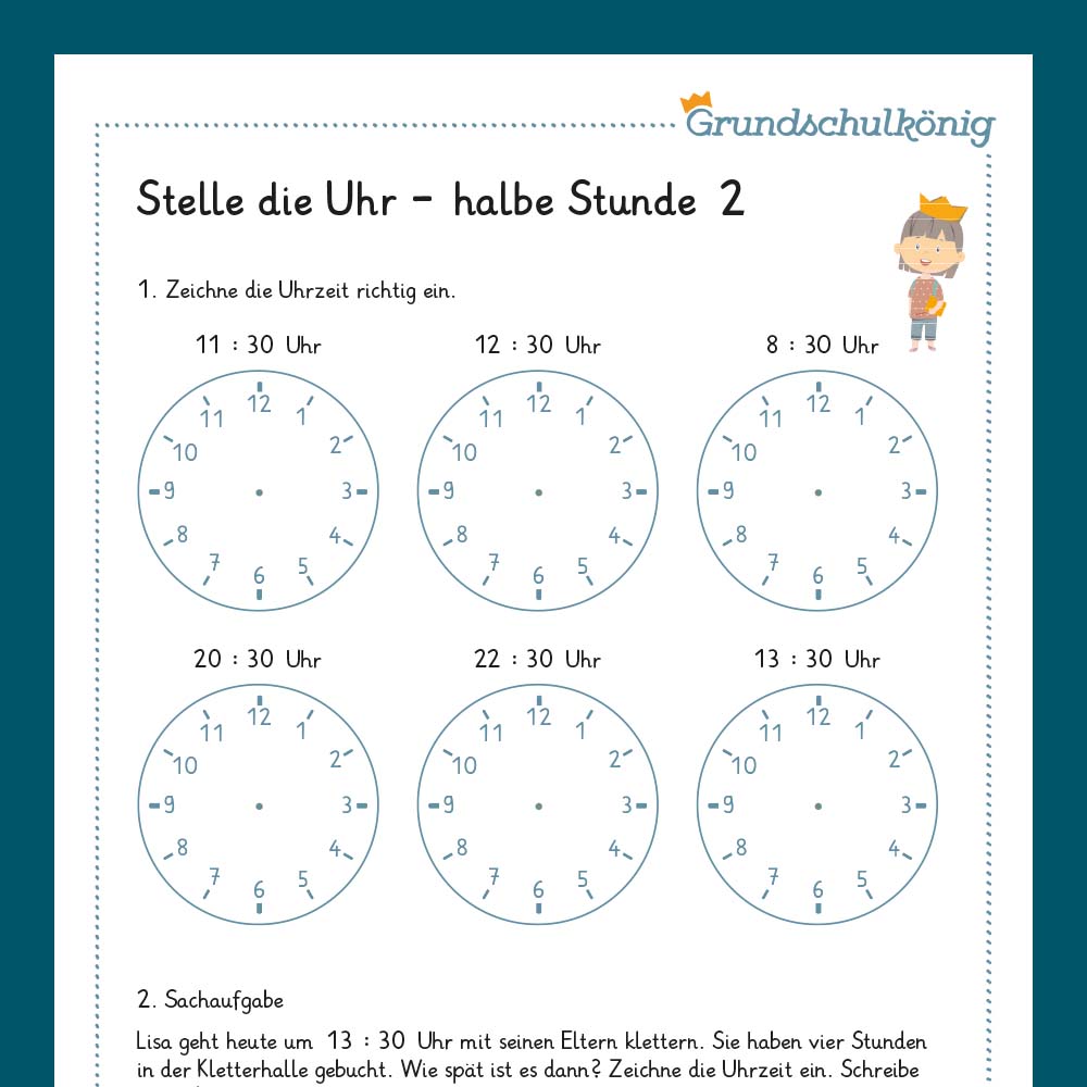 Königspaket: Zeitangaben - Stelle die Uhr (Mathe, 2. Klasse) - inklusive Test