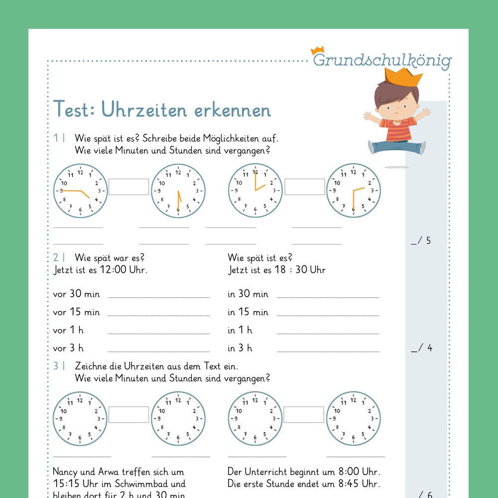 Königspaket: Uhrzeiten erkennen (Mathe, 2. Klasse) - inklusive Test