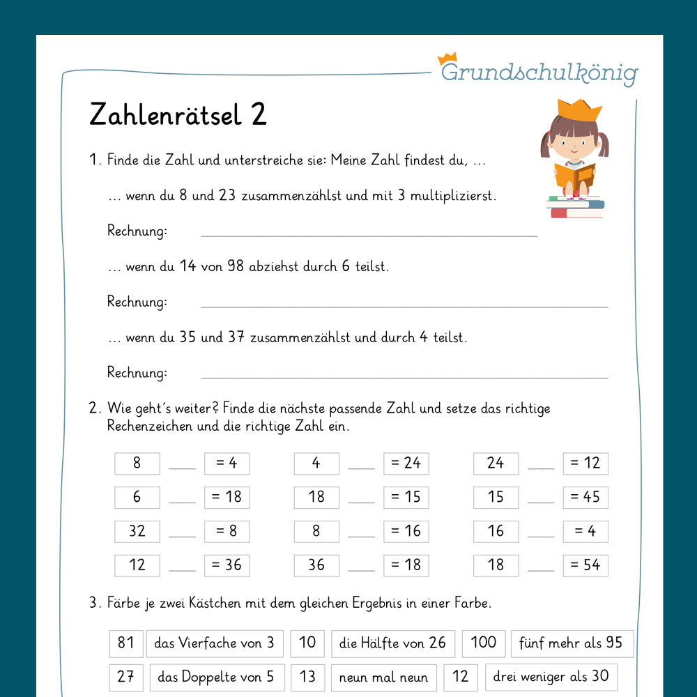 Königspaket: Zahlenrätsel (Mathe, 2. Klasse) - inklusive Test