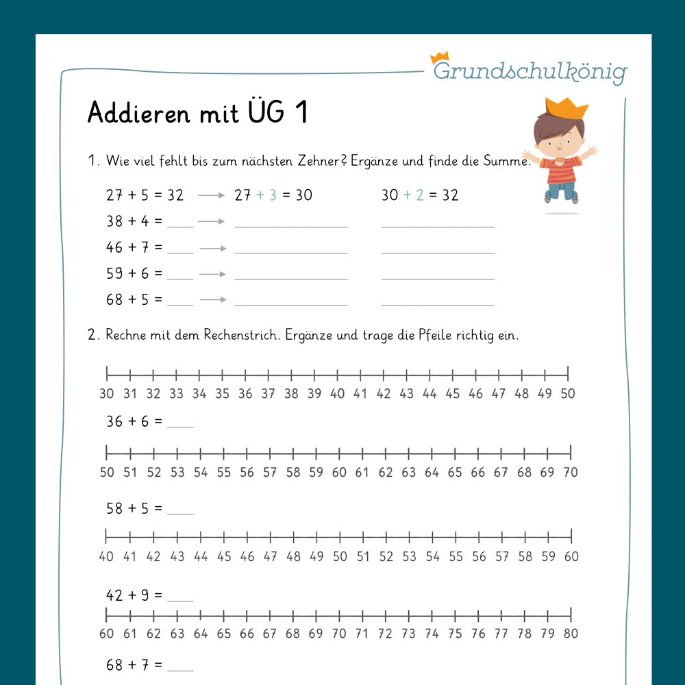 Königspaket: Addieren im ZR 100 - mit Zehnerüberschreitung (Mathe, 2. Klasse) - inklusive Test