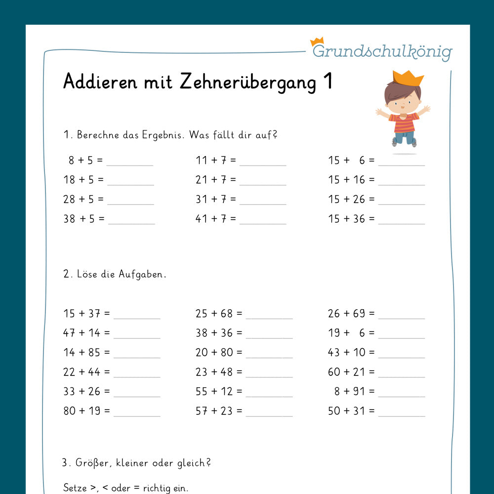 Königspaket: Addieren im ZR 100 - mit Zehnerüberschreitung (Mathe, 2. Klasse) - inklusive Test