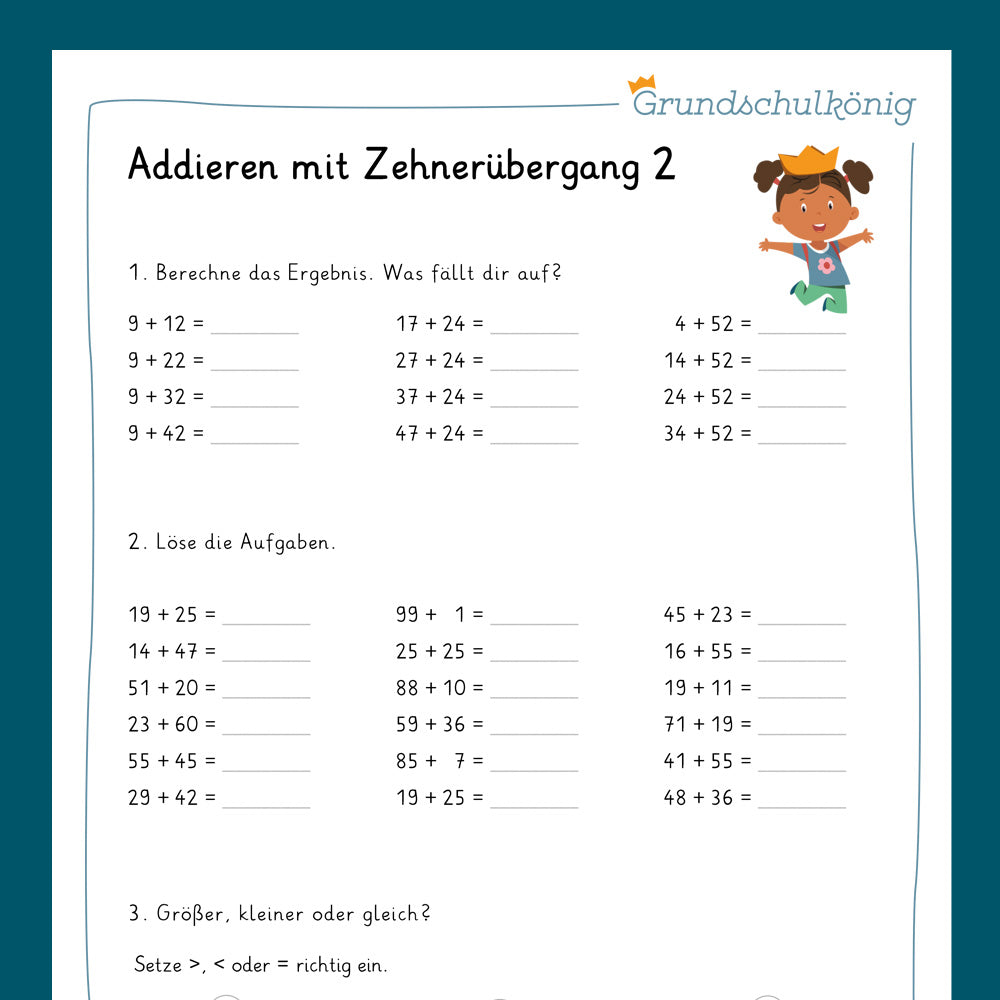 Königspaket: Addieren im ZR 100 - mit Zehnerüberschreitung (Mathe, 2. Klasse) - inklusive Test