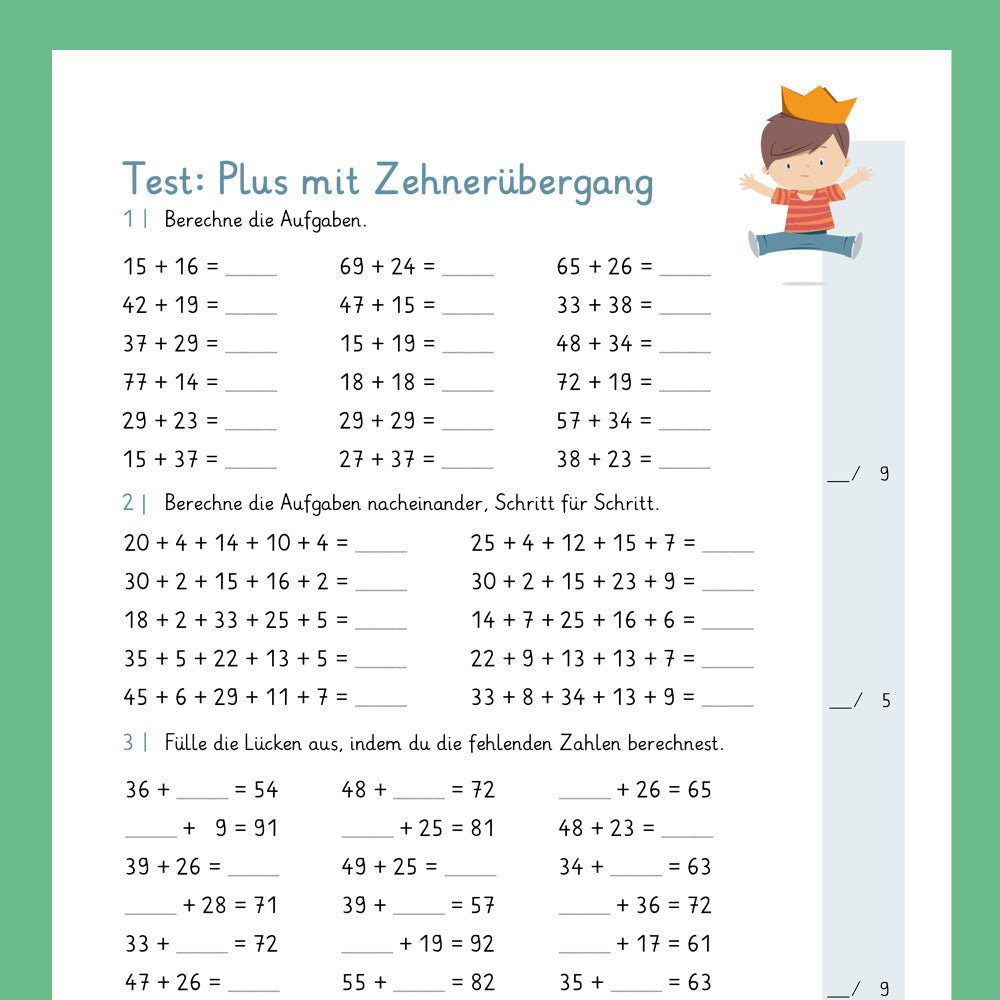 Königspaket: Addieren im ZR 100 - mit Zehnerüberschreitung (Mathe, 2. Klasse) - inklusive Test