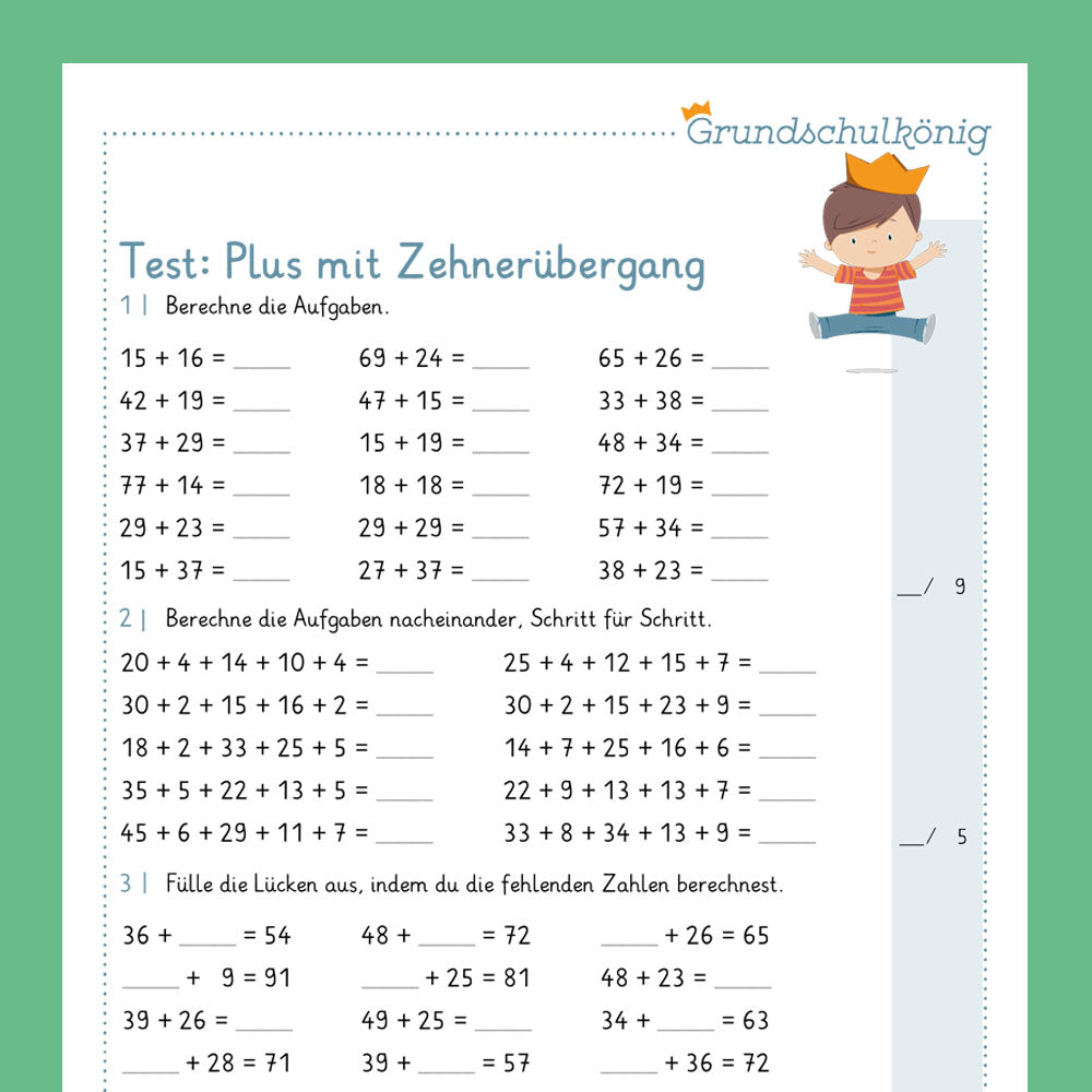 Königspaket: Addieren im ZR 100 - mit Zehnerüberschreitung (Mathe, 2. Klasse) - inklusive Test