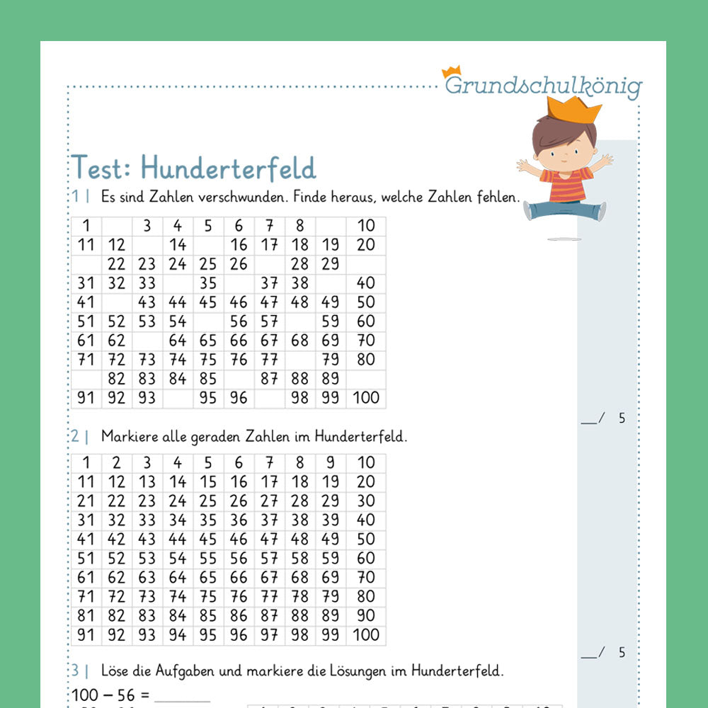 Königspaket: Hunderterfeld / Hundertertafel (Mathe, 2. Klasse) - inklusive Test