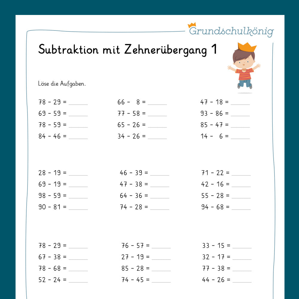 Königspaket: Subtrahieren im ZR 100 - mit Zehnerüberschreitung (Mathe, 2. Klasse) - inklusive Test