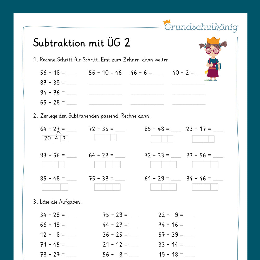 Königspaket: Subtrahieren im ZR 100 - mit Zehnerüberschreitung (Mathe, 2. Klasse) - inklusive Test