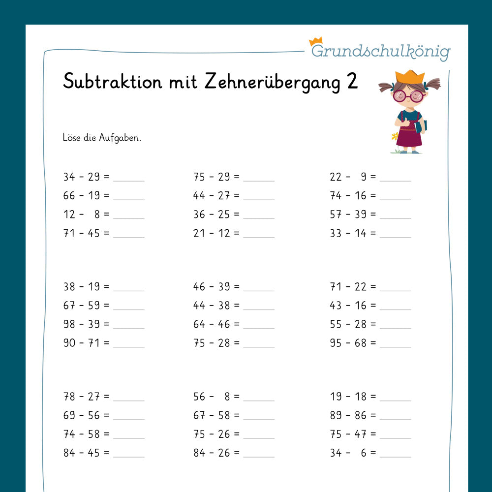 Königspaket: Subtrahieren im ZR 100 - mit Zehnerüberschreitung (Mathe, 2. Klasse) - inklusive Test