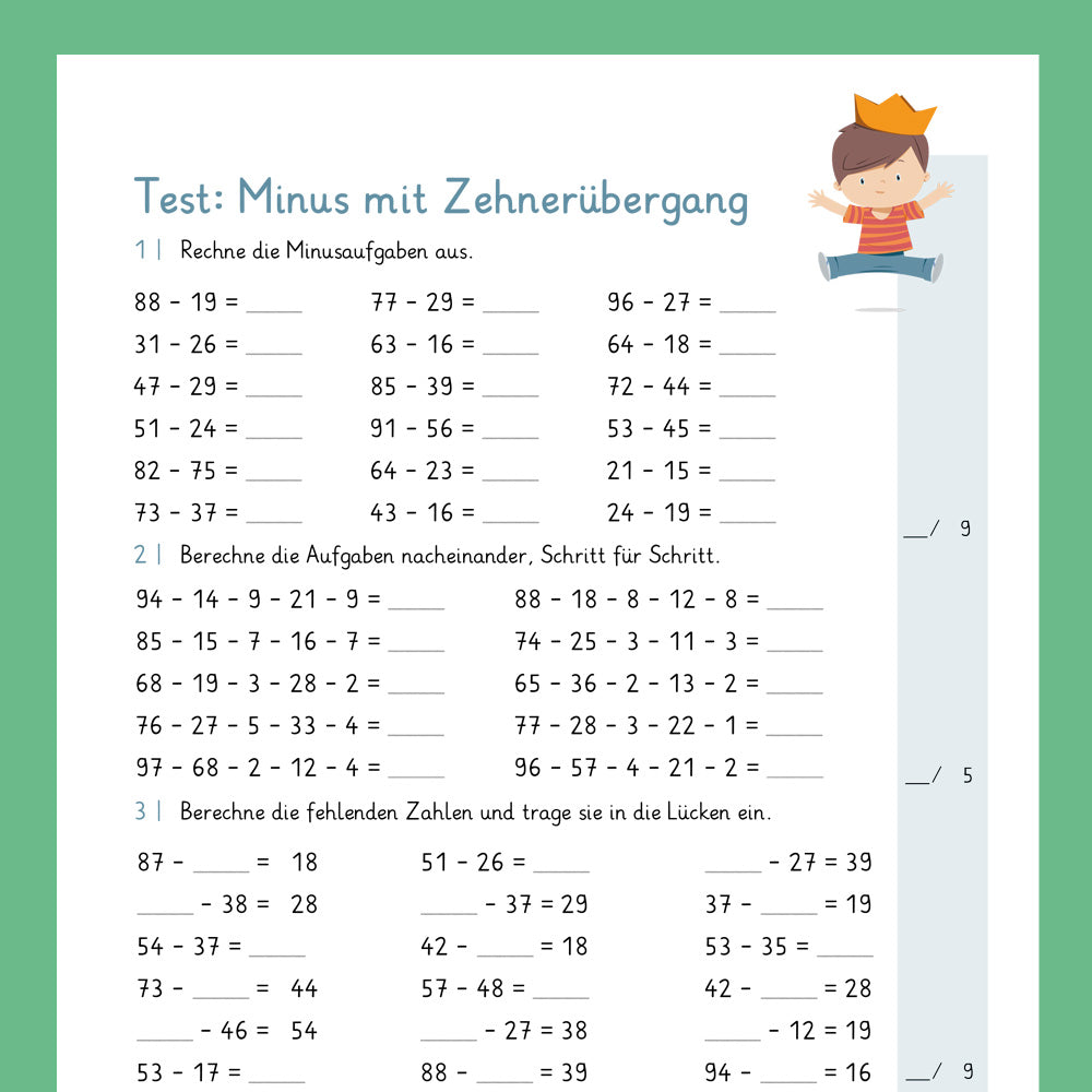 Königspaket: Subtrahieren im ZR 100 - mit Zehnerüberschreitung (Mathe, 2. Klasse) - inklusive Test