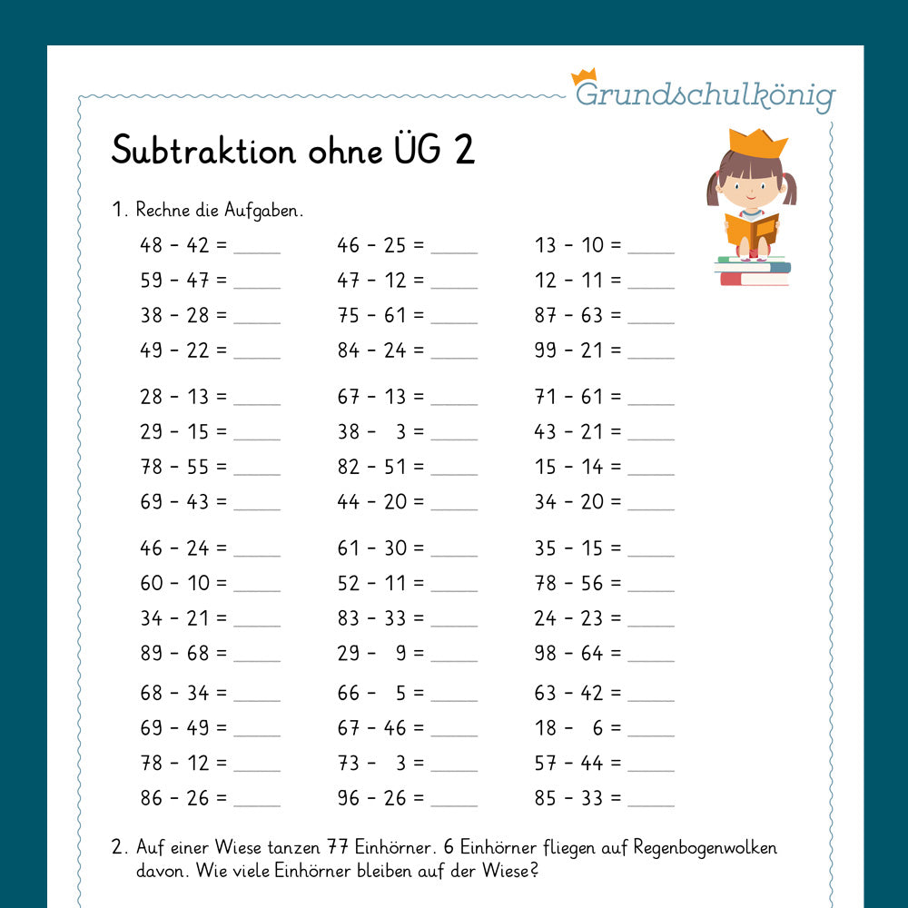 Königspaket: Subtrahieren im ZR 100 - ohne Zehnerüberschreitung (Mathe, 2. Klasse) - inklusive Test