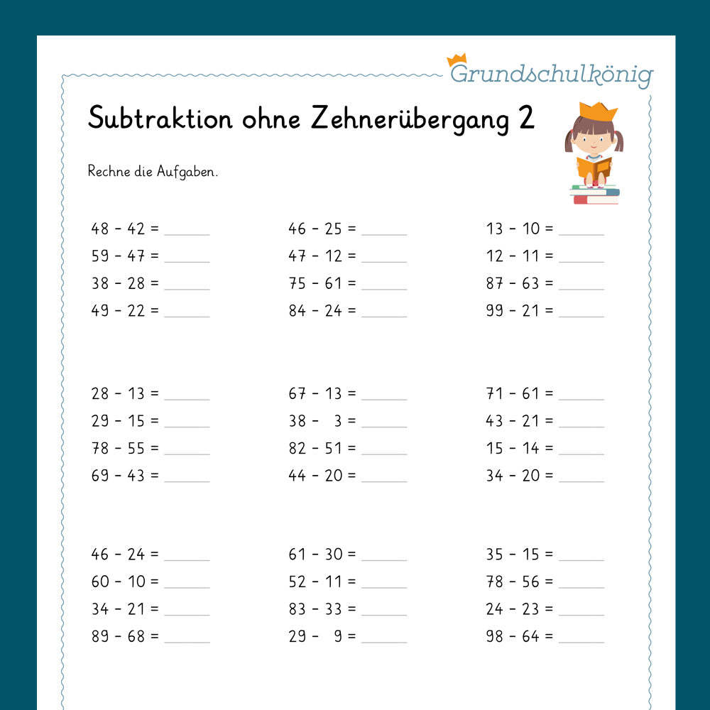 Königspaket: Subtrahieren im ZR 100 - ohne Zehnerüberschreitung (Mathe, 2. Klasse) - inklusive Test