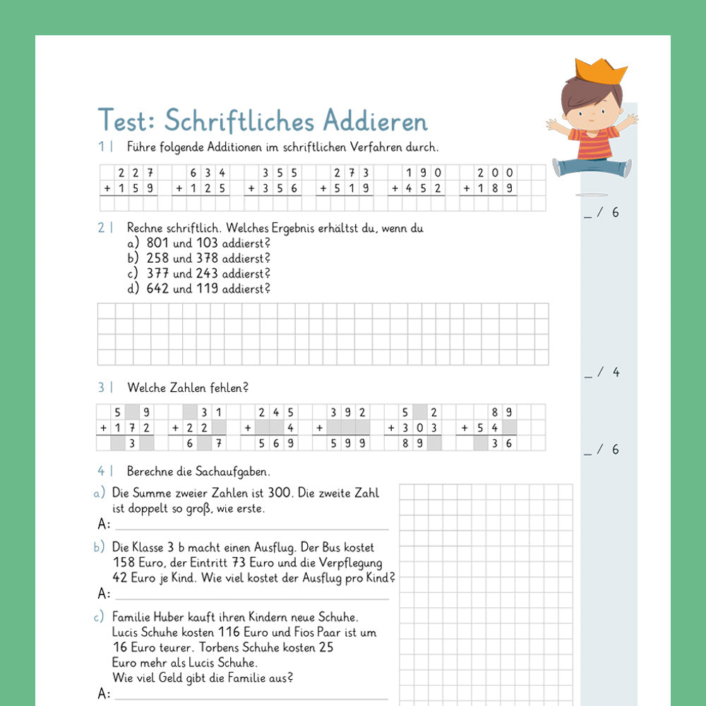 Königspaket: Schriftliches Addieren im ZR 1000 (Mathe, 3. Klasse) - inklusive Test