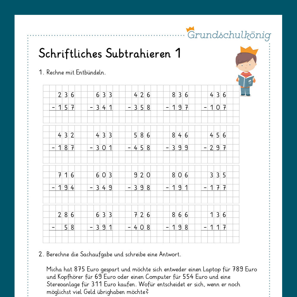 Königspaket: Schriftliches Subtrahieren im ZR 1 000 (Mathe, 3. Klasse) - inklusive Test
