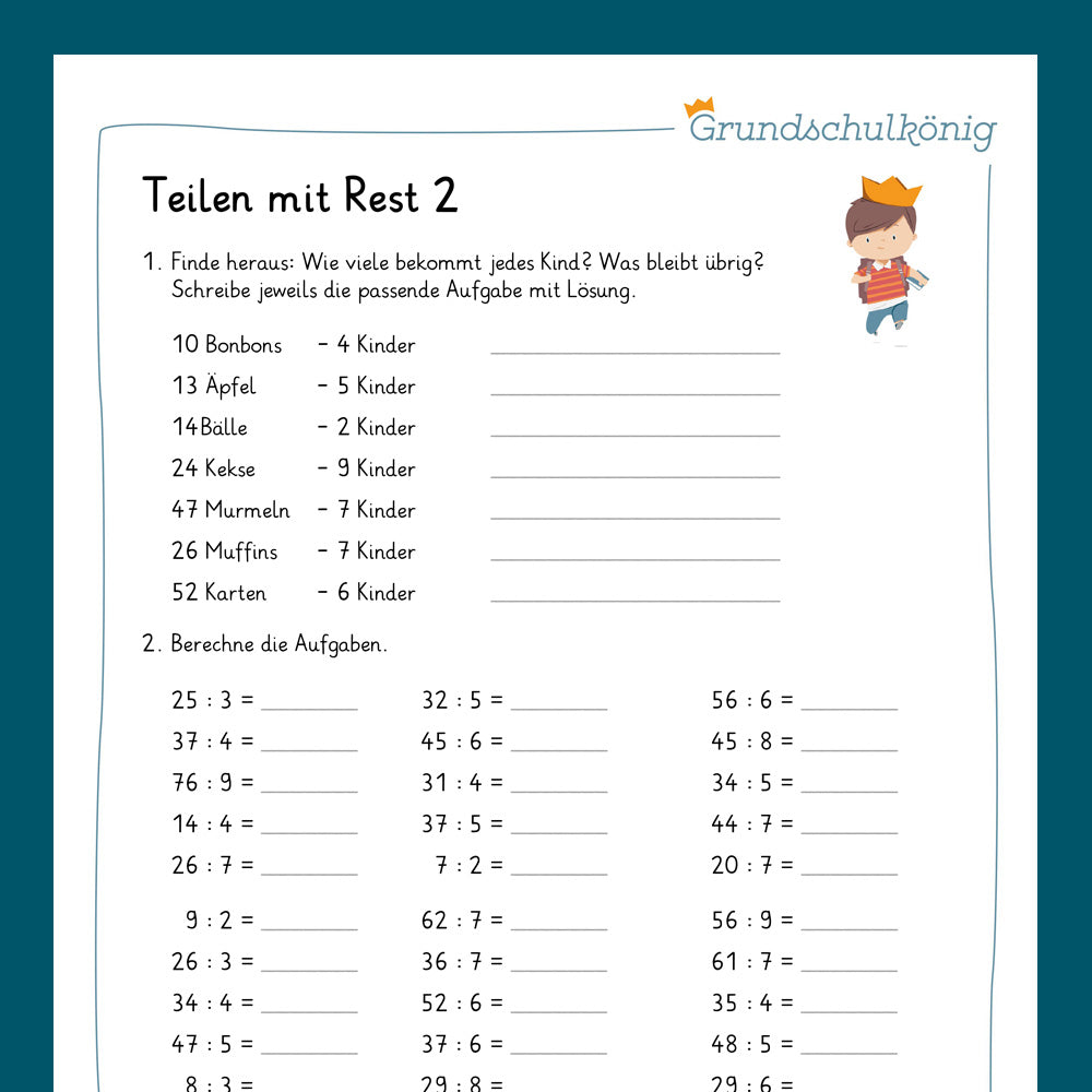Königspaket: Teilen mit Rest (Mathe, 3. Klasse) - inklusive Test