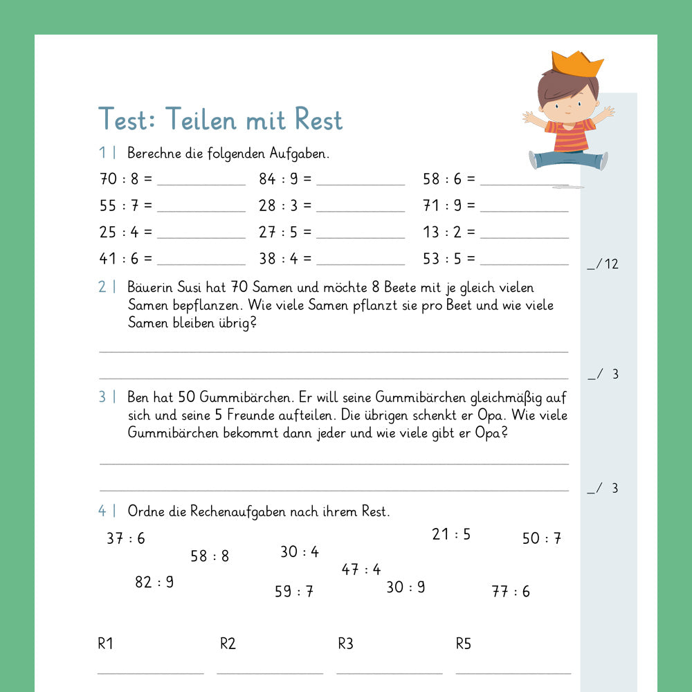 Königspaket: Teilen mit Rest (Mathe, 3. Klasse) - inklusive Test