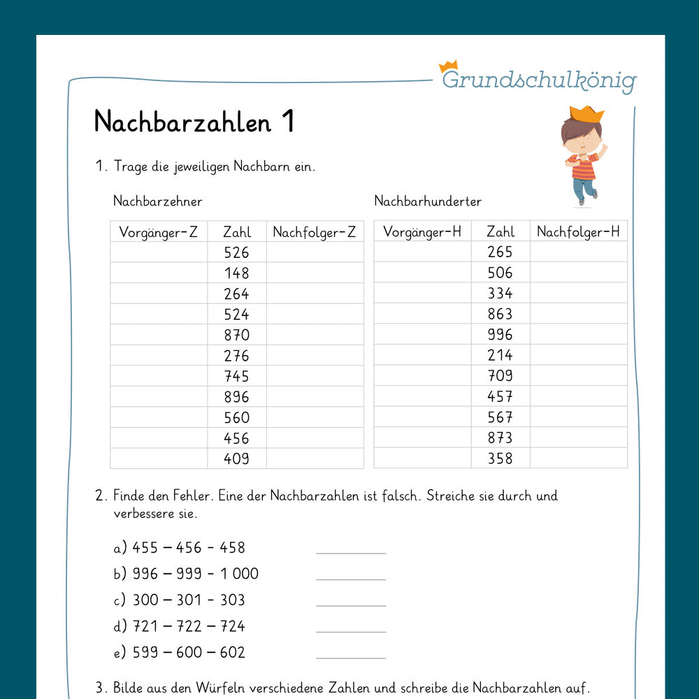 Königspaket: Nachbarzahlen im Zahlenraum 1 000 (Mathe, 3. Klasse) - inklusive Test