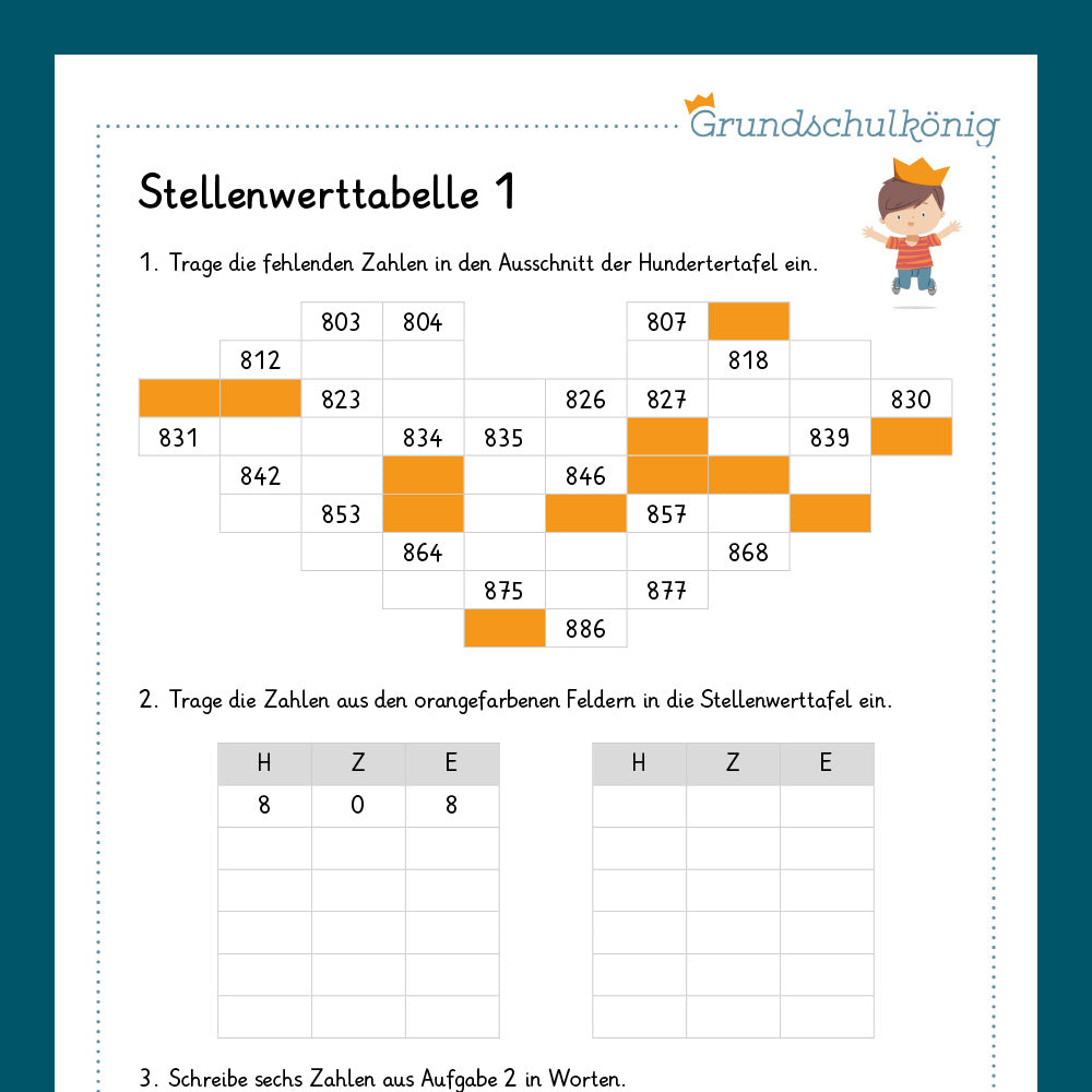 Königspaket: Stellenwerttabelle im Zahlenraum 1 000 (Mathe, 3. Klasse) - inklusive Test!