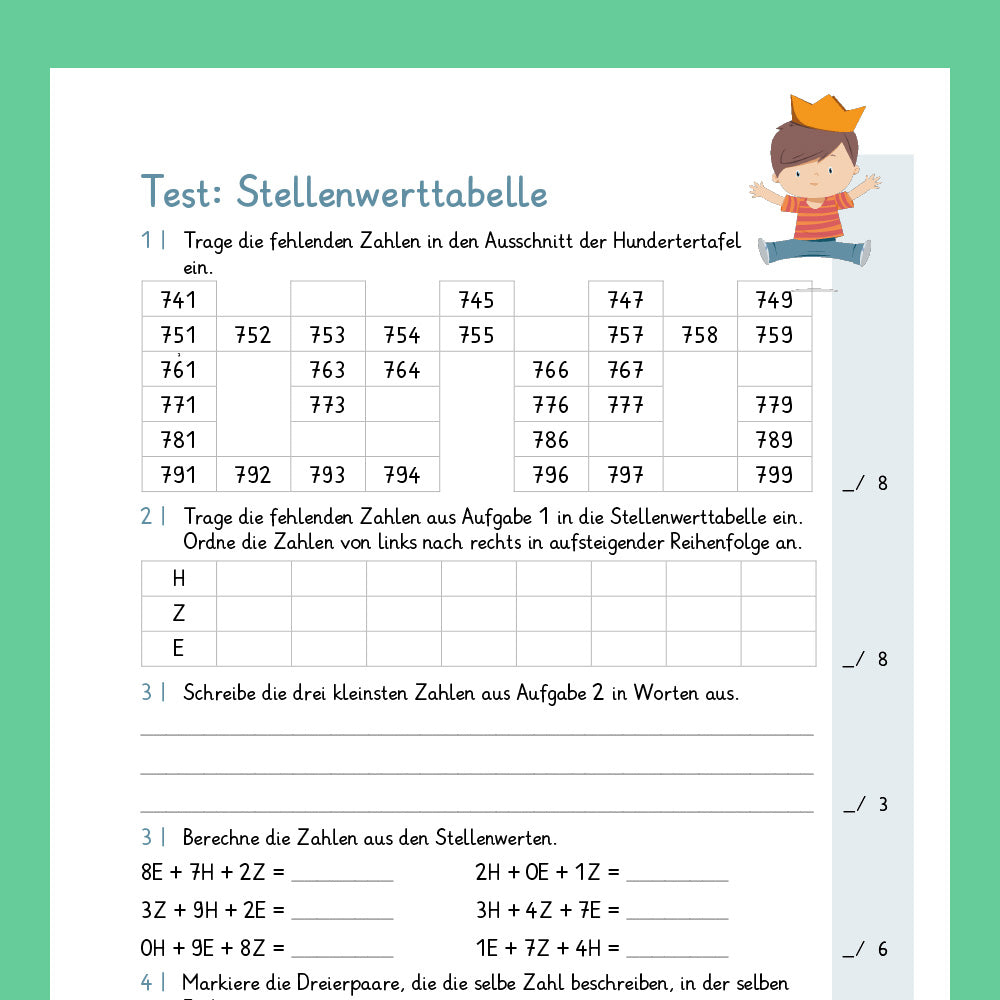 Königspaket: Stellenwerttabelle im Zahlenraum 1 000 (Mathe, 3. Klasse) - inklusive Test
