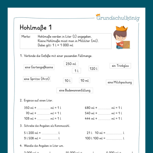 Königspaket: Hohlmaße (Mathe, 4. Klasse) - inklusive Test
