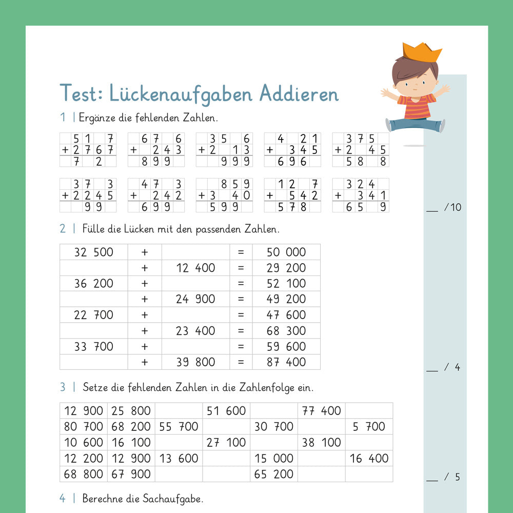 Königspaket: Lückenaufgaben - Addieren (Mathe, 4. Klasse) - inklusive Test