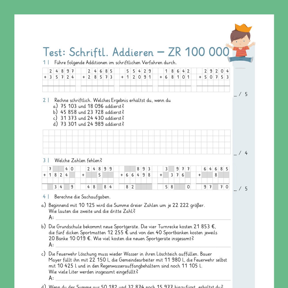 Königspaket: Schriftliches Addieren im ZR 100 000 (Mathe, 4. Klasse) - inklusive Test