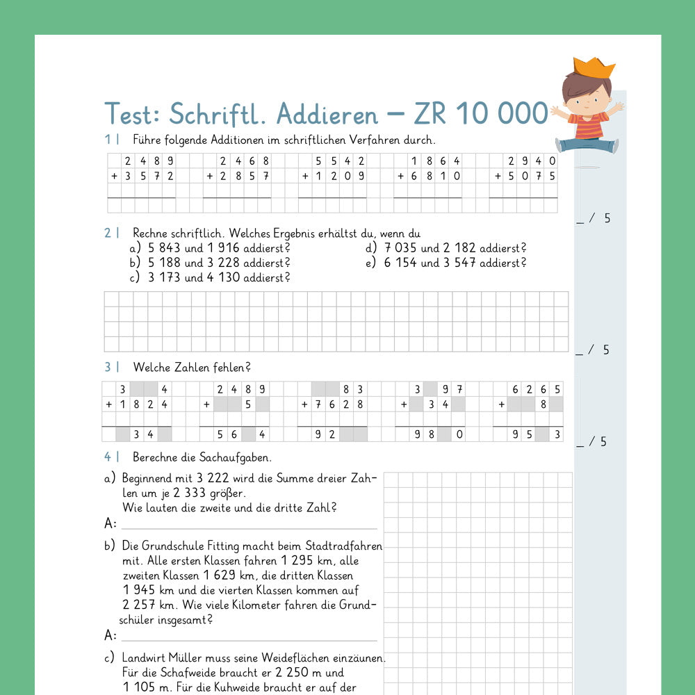 Königspaket: Schriftliches Addieren im ZR 10 000 (Mathe, 4. Klasse) - inklusive Test