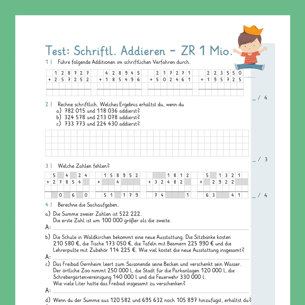Königspaket: Schriftliches Addieren im ZR 1 Million (Mathe, 4. Klasse) - inklusive Test