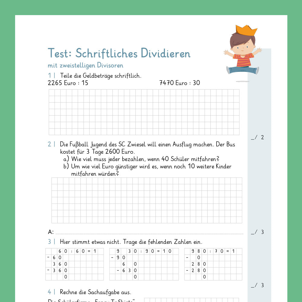 Königspaket: Schriftliches Dividieren mit zweistelligen Zahlen (Mathe, 4. Klasse) - inklusive Test