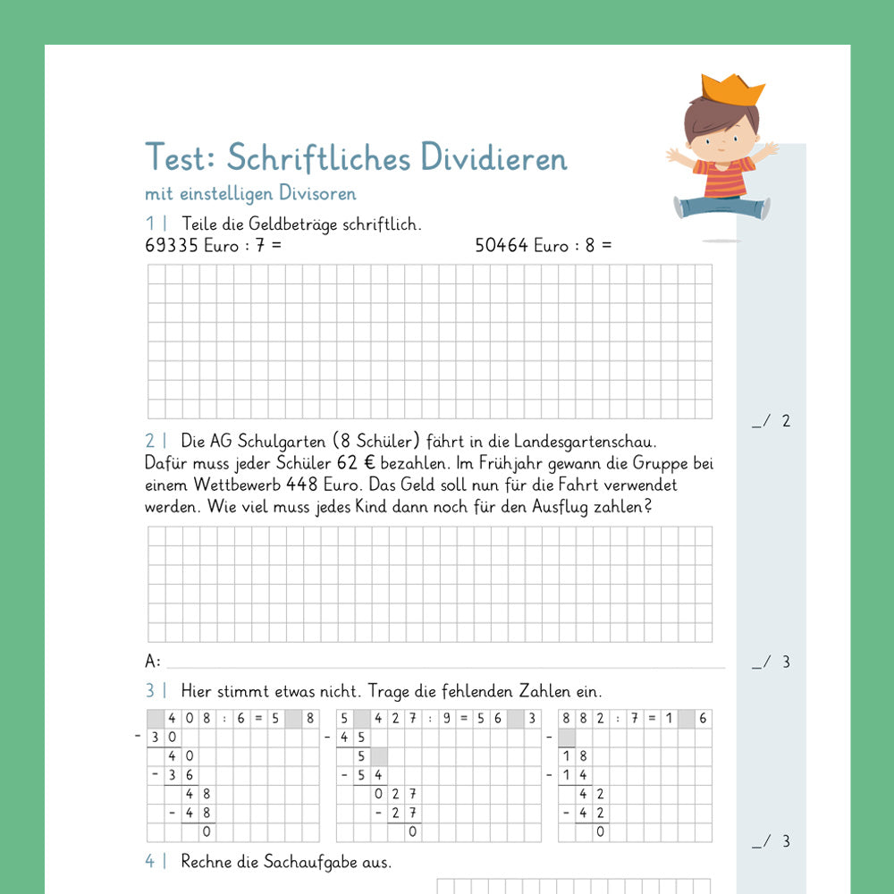 Königspaket: Schriftliches Dividieren mit einstelligen Zahlen (Mathe, 4. Klasse) - inklusive Test