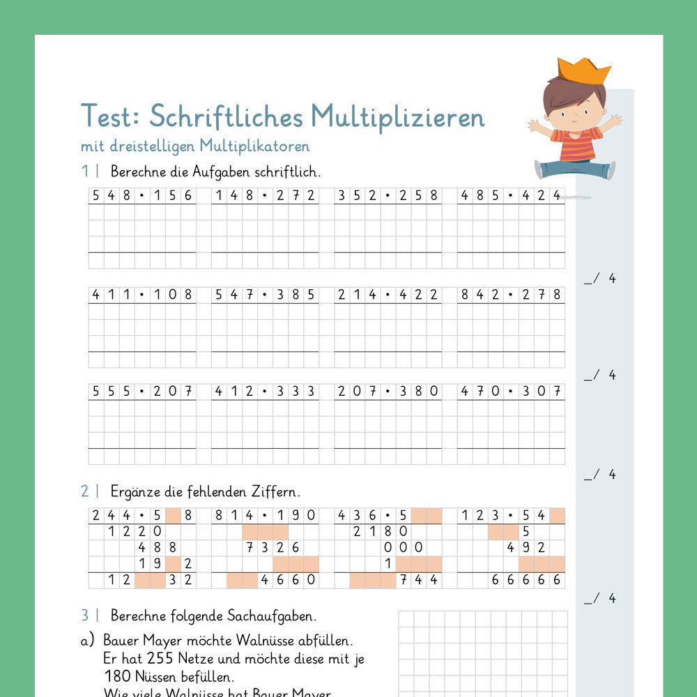 Königspaket: Schriftliches Multiplizieren mit dreistelligen Zahlen (Mathe, 4. Klasse) - inklusive Test
