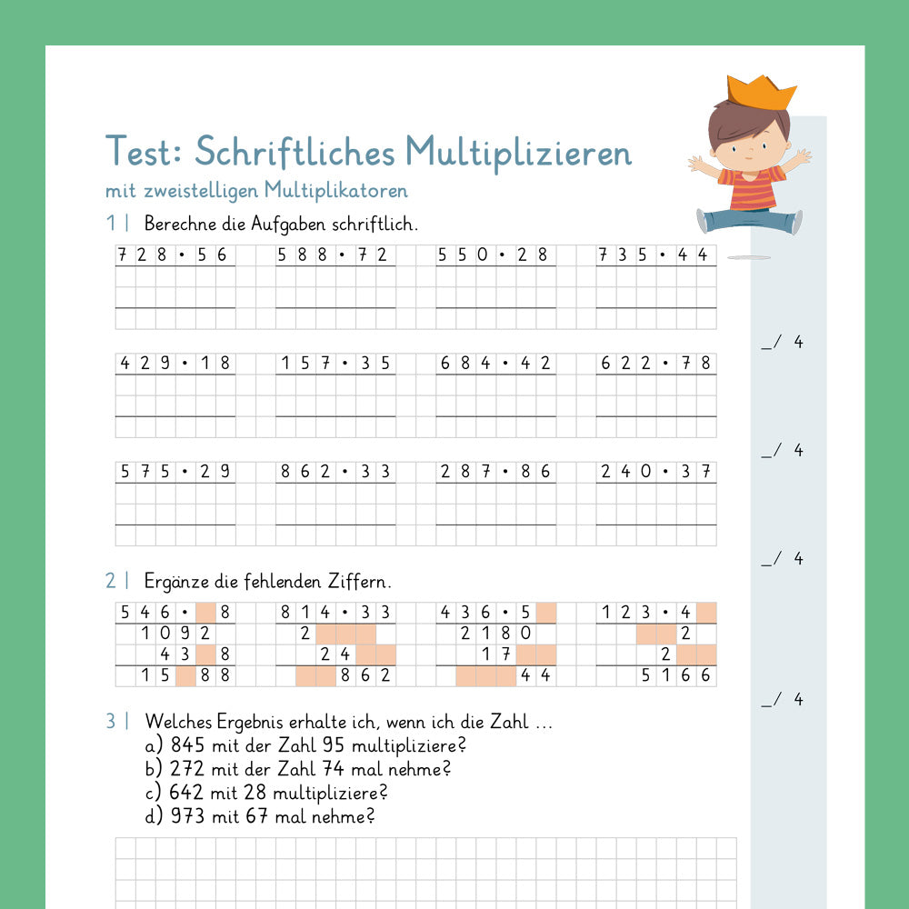 Königspaket: Schriftliches Multiplizieren mit zweistelligen Zahlen (Mathe, 4. Klasse) - inklusive Test