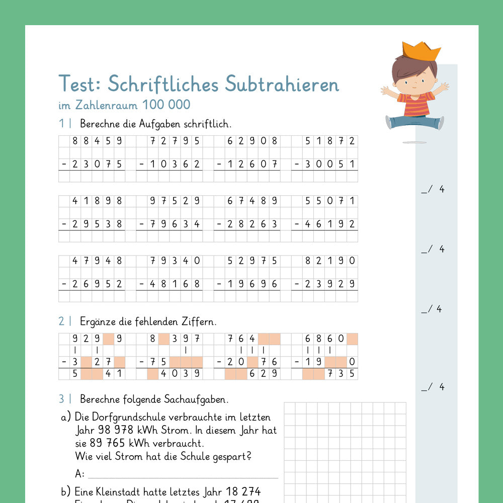 Königspaket: Schriftliches Subtrahieren im Zahlenraum 100 000 (Mathe, 4. Klasse) - inklusive Test