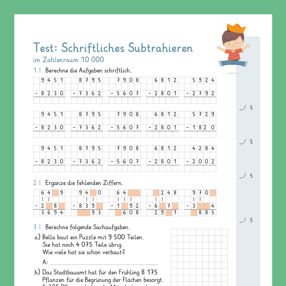 Königspaket: Schriftliches Subtrahieren im Zahlenraum 10 000 (Mathe, 4. Klasse) - inklusive Test