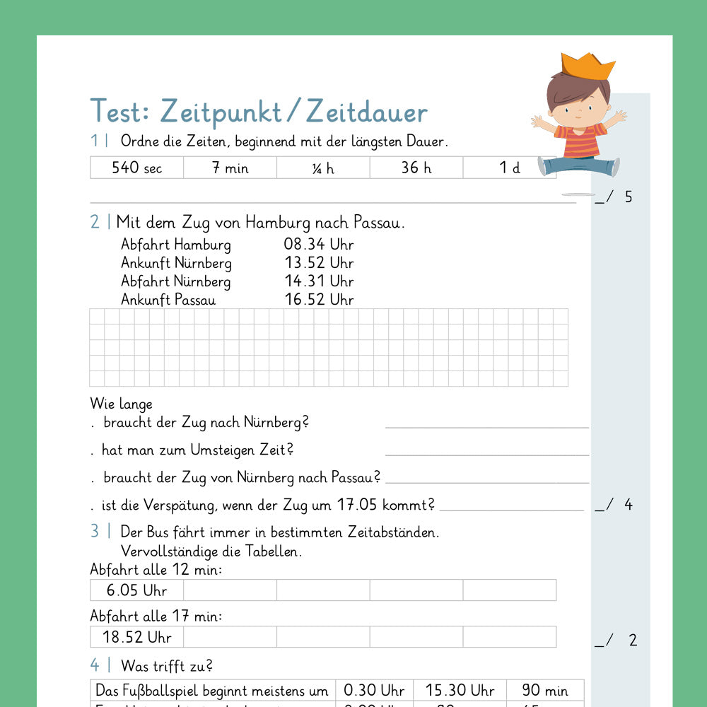 Königspaket: Zeitpunkt und Zeitdauer (Mathe, 4. Klasse ) - inklusive Test