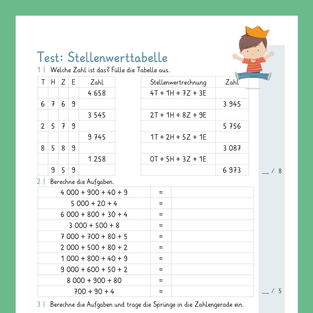 Königspaket: Stellenwerttabelle und Zahlenstrahl im Zahlenraum 10 000 (Mathe, 4. Klasse) - inklusive Test
